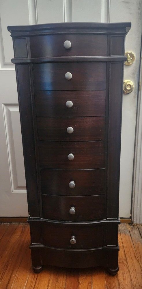 Jewelry Box Stand Floor Furniture 7 Drawers, Mirrored Top Opens Nice Condition