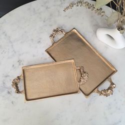 Gold Decorative Trays with Floral Handles – Set of 2
