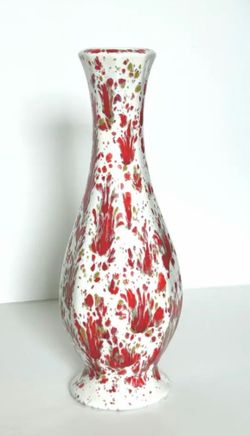 Rare Find Studio Pottery Vase | White Ceramic Bud Vase, Red Green Splatter Glaze AuldAndVintage
