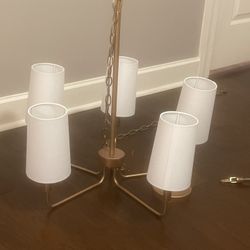Muted Gold Linear 5-Light Chandelier Farmhouse Island Lighting Fixture Muted Gold with Fabric Shades, White Fabric Shade, Dining Room, Kitchen