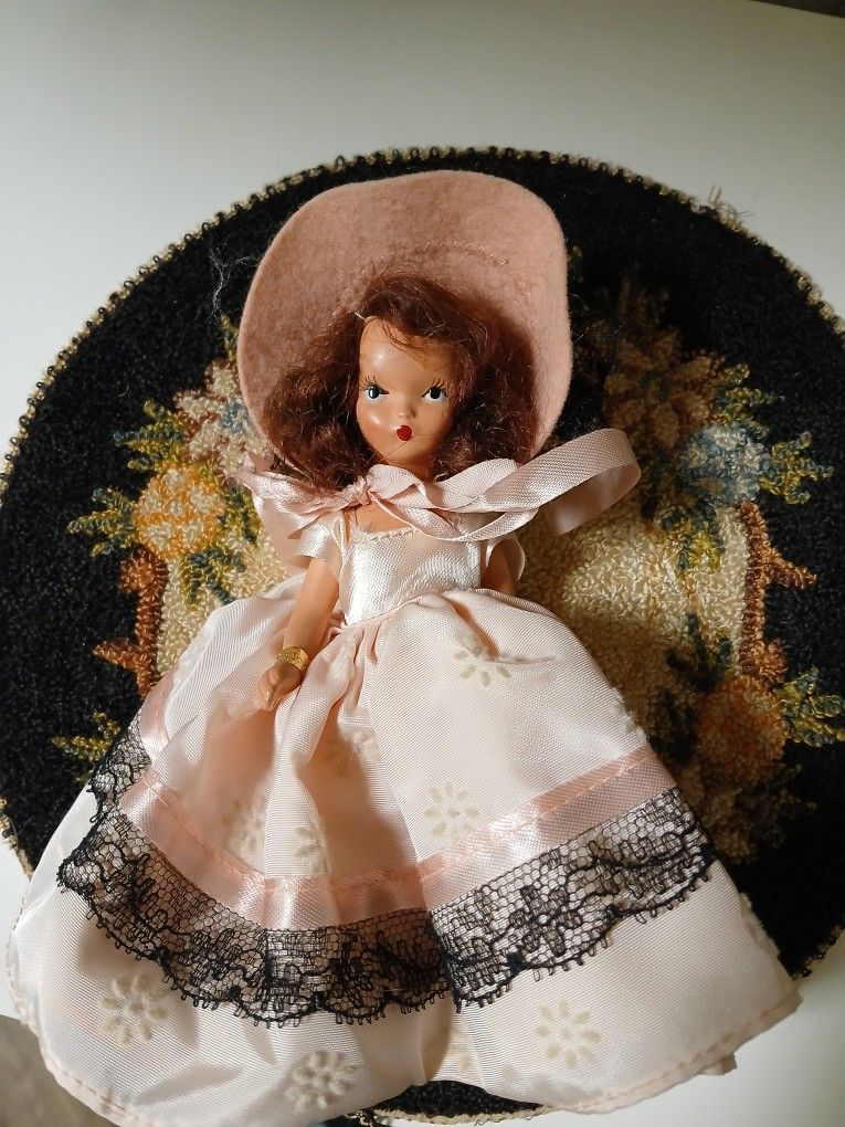 Antique Doll Pink & Black Dress Bonnet