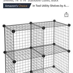  4-Cube Wire Grid Storage Shelves, 14" x 14" Stackable Cubes, Black