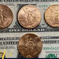 AMAZING (4 ) UNCIRCULATED ORIGINAL MEXICAN GOLD COINS 1947 CENTENARIO  22 KILATES (41.6 GRAMS ) 