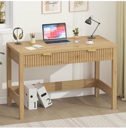 39 Inch Small Fluted Computer Desk with 2 Drawers for Bedroom, Home Office