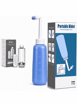 Portable Bidet, 500mL Bottle with 2 Nozzles and Storage Bag, Teal Blue