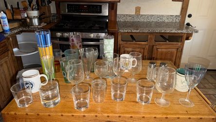 Lot of 30+ Glass Cups, Ceramic Mugs, Salt/Pepper Shakers, Etc