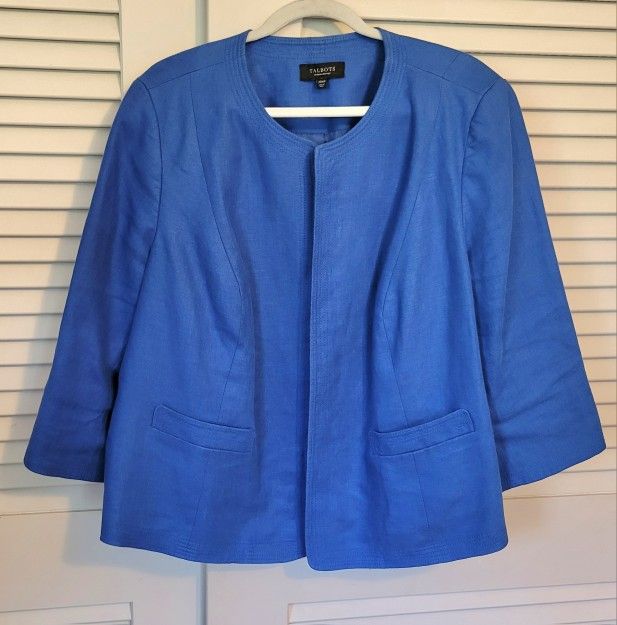 Talbots Women's Linen Jacket Empire Collar Royal Blue, Matching Blue Lining 20WP