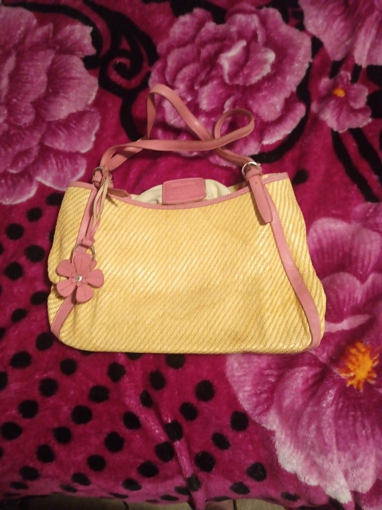 FOSSIL Tan Woven Purse With Pink Straps