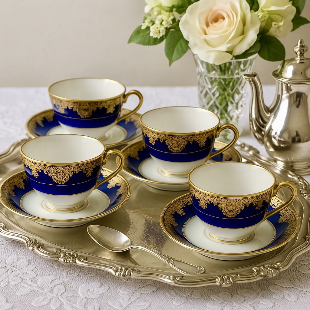 WG&Co. Guerin Limoges Antique 1900s Cobalt & Gold Filigree 4 Tea Cups 6 Saucers