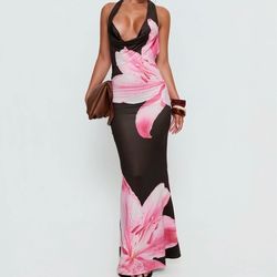 Princess Polly Halter Plunge Maxi Dress Chocolate / Pink Floral