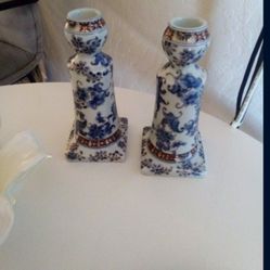 Antique Set Of Porcelain Candle Holders W/ Blue Roses 