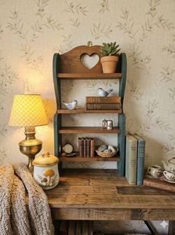 Vintage 3 Tier wooden heart shelf. Country green and natural wood