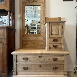 Antique Stripped Solid Wood Gentlemen’s Dresser w/ Tilted Mirror Brass Hardware Functional Key