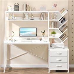 YOMILUVE Reversible Computer Desk with Hutch, Home Office Desk with Drawers