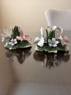 VTG Capodimonte Flower Candle Holder Set Made in Italy Porcelain Set of 2