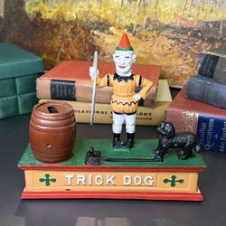 Vintage CAST IRON TRICK DOG Circus Clown Mechanical Coin Bank Metal Toy Works