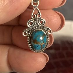 Blue Tourquise Pendant. 925 Sterling Silver .  