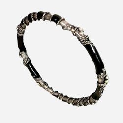 Silver Tone Metal Black Enamel Complex Design Women’s Boho Bangle Bracelet