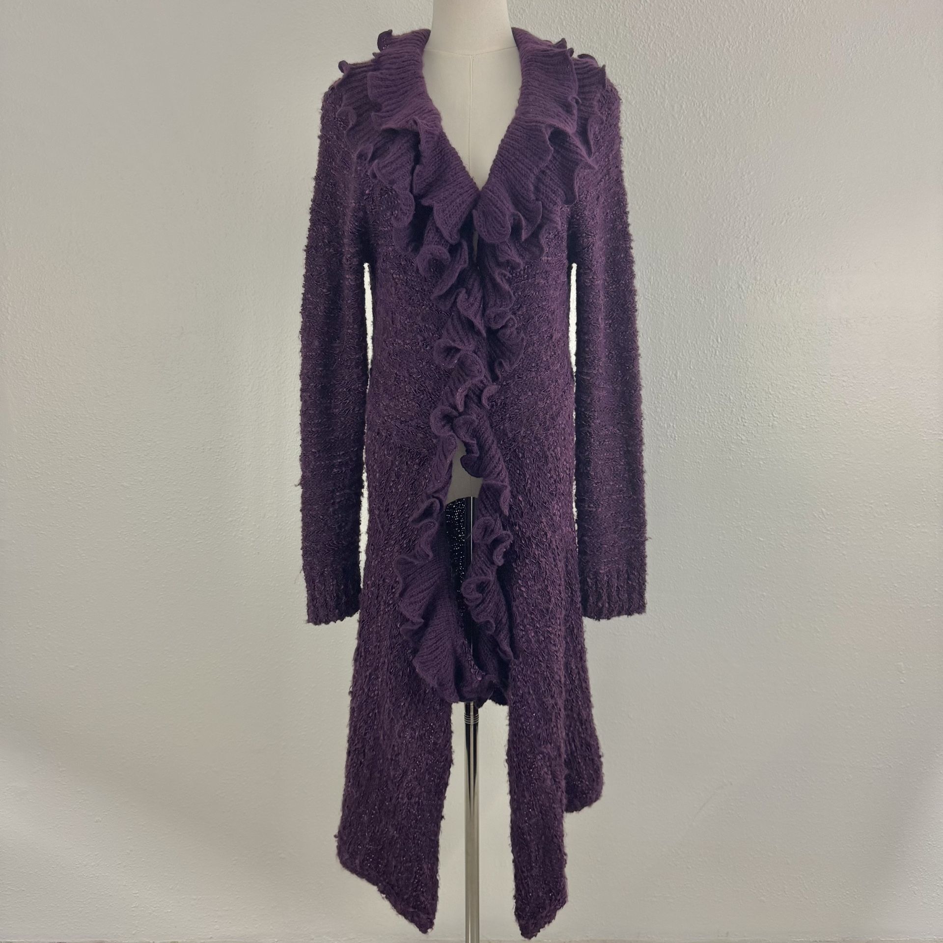 Dark Purple Wool Blend Knit V Neck Ruffle Trim Open Long Duster Sweater Cardigan
