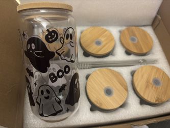 New set of 6 Halloween ghost glass cups with straw and cleaners 