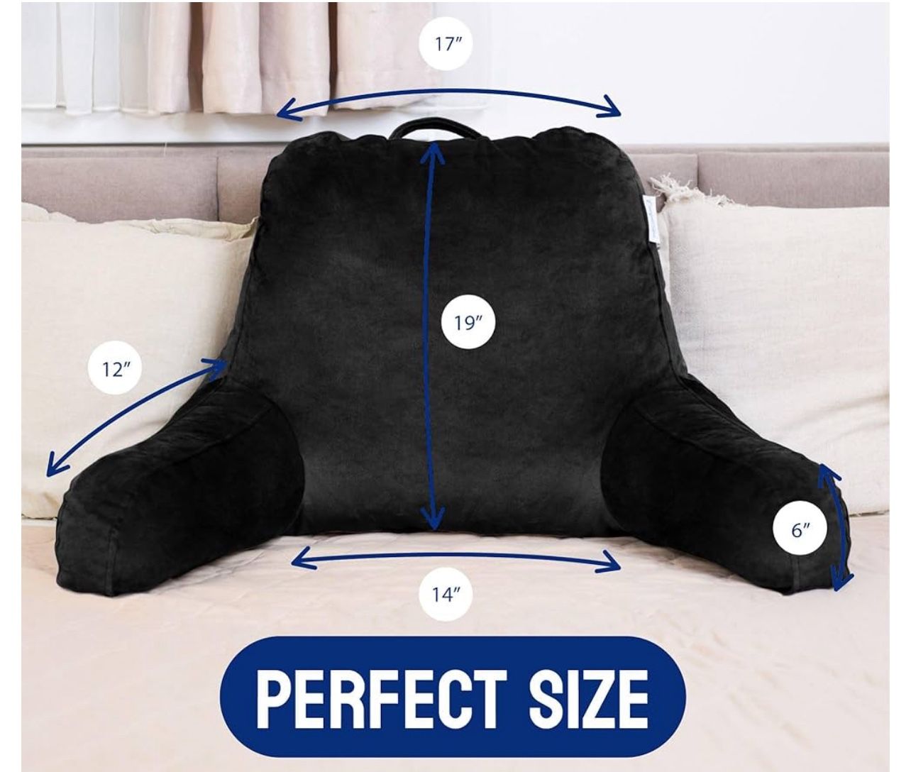 Black Reading Pillow with each arm extends out 19” high X 20” wide 11” arms