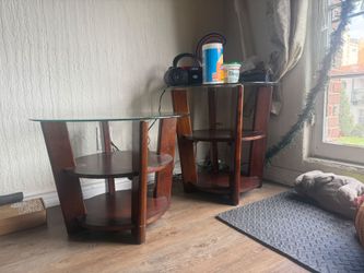 Glass Top Wood Side Tables Set of 2