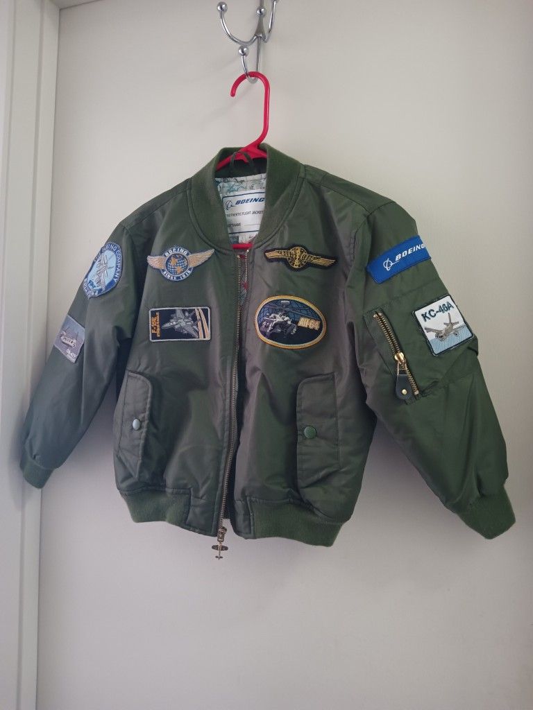 Boeing Flight Jacket Boys 7 L Green Bomber Patches Flying World Map Authentic Size 7 New