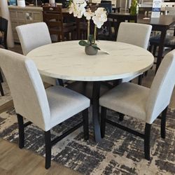 White faux marble top dining table set with 4 chairs 48"Dia. x 30.3"H