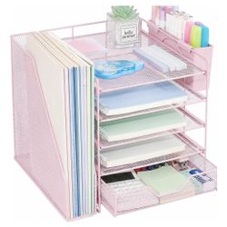 Desk Organizers and Accessories, 5-Tier Paper Letter Tray Organizer with File Holder, Drawer & Pen Holder, Office Desk Accessories, Desktop Organizer 