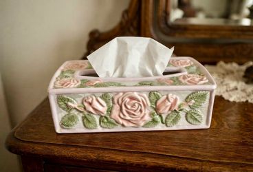 Vintage Ceramic Tissue Box Cover with Rose Relief
