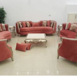  2 big four seater sofa, 2 chairs living room set.  This is a modern reproduction of a Louis XV/Baroque style furniture set. TIME PERIOD 21st Century 