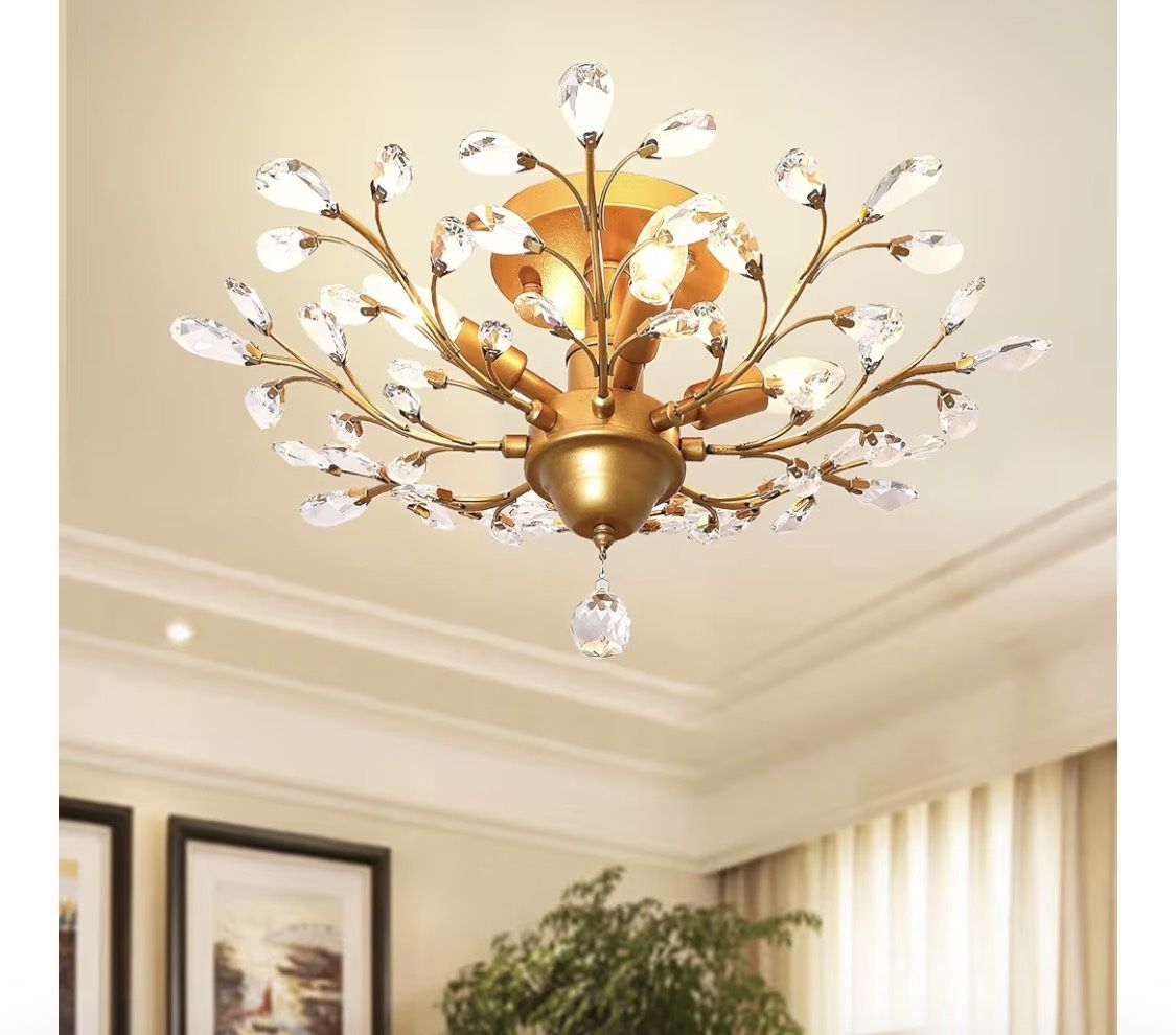 Crystal Chandeliers,K9 Crystal Ceiling Light,Vintage Light Fixtures Pendant Lighting for Living Room Bedroom Restaurant Porch Hallway (4-Light,Golden)