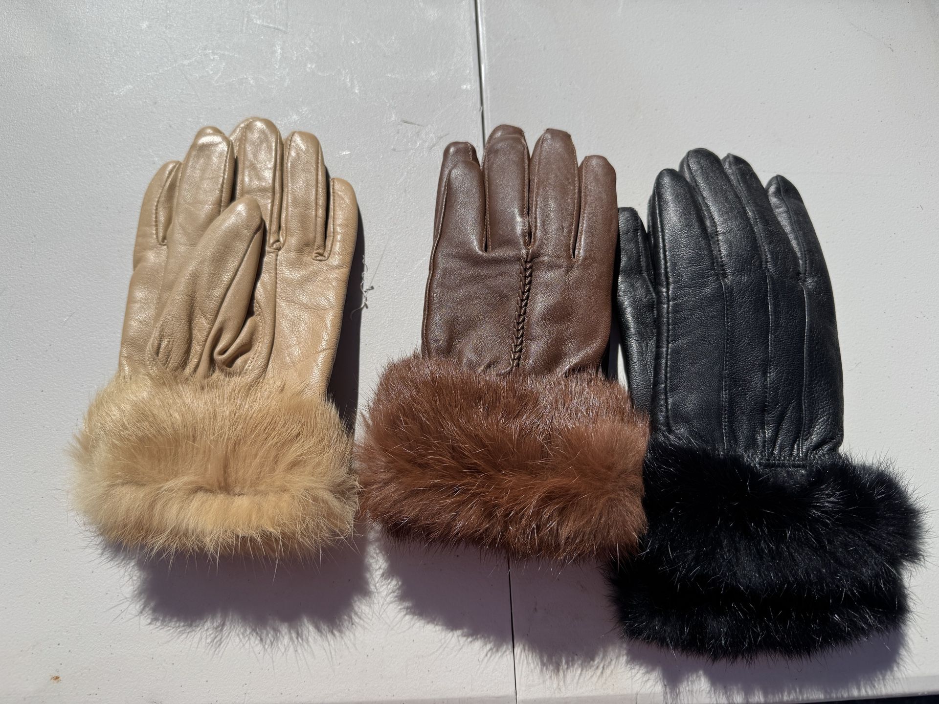 3 Pairs Of Womens Faux Leather & Faux Fur Gloves- Tan, Brown, Black-Medium, Small/medium & Medium/large