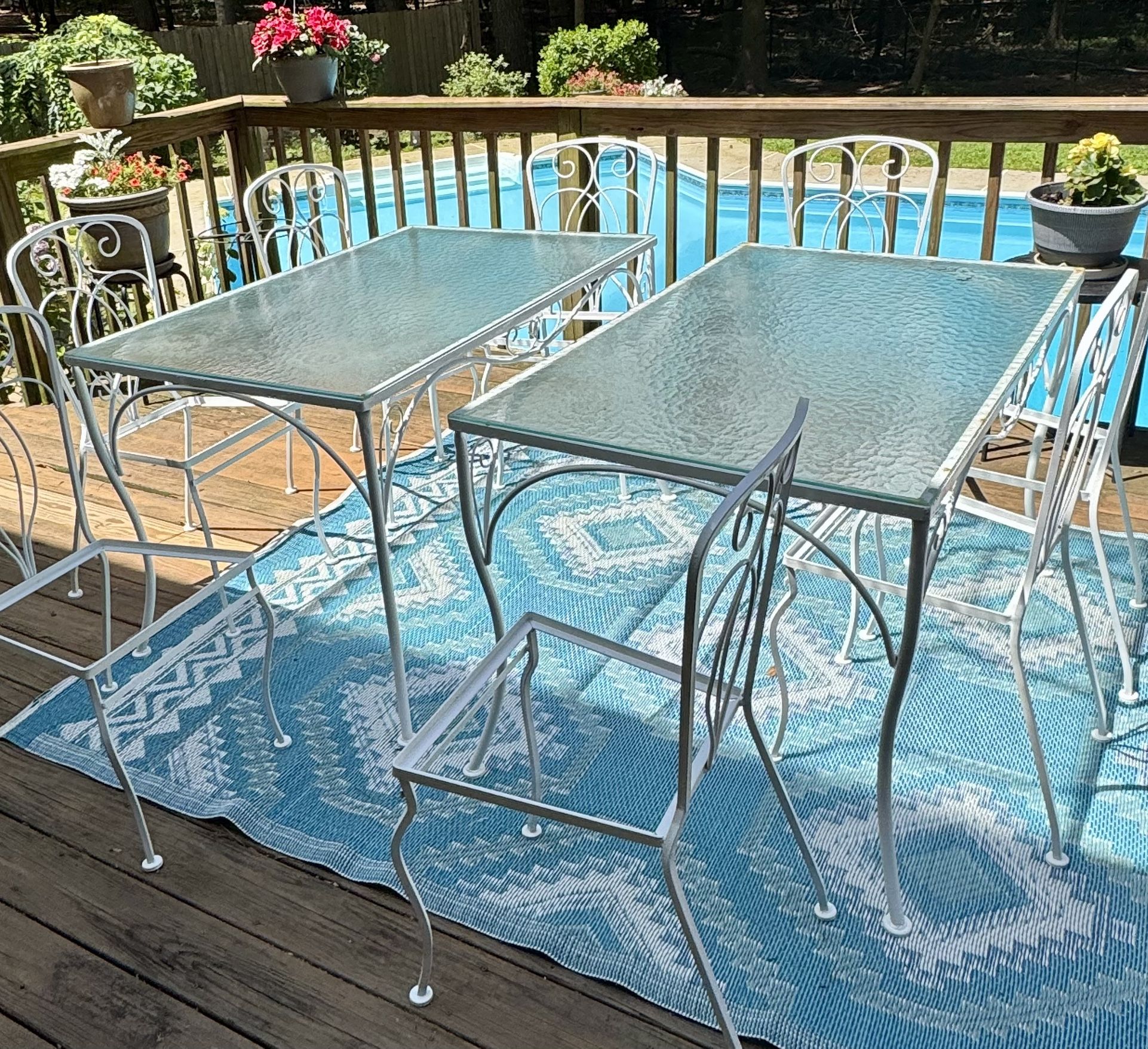Vintage Wrought Iron & Glass Patio Set of 2 Tables  +  8 Chairs 