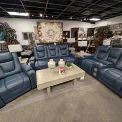 3-Piece Blue Power Reclining Living Room Set w/ Power Headrests & Speakers