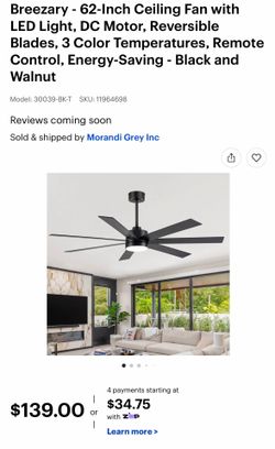 62-Inch Ceiling Fan with LED Light, DC Motor, Reversible Blades, 3 Color Temperatures, Remote Control, Energy-Saving - Black and Walnut