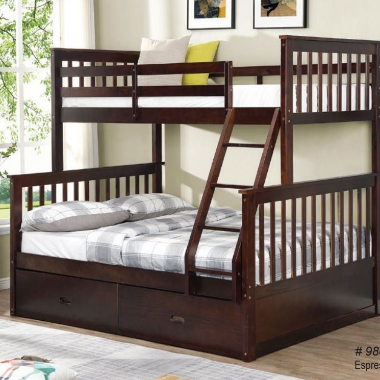 New 98055 Espresso Color Twin Full Wooden BunkBed With Under Storage