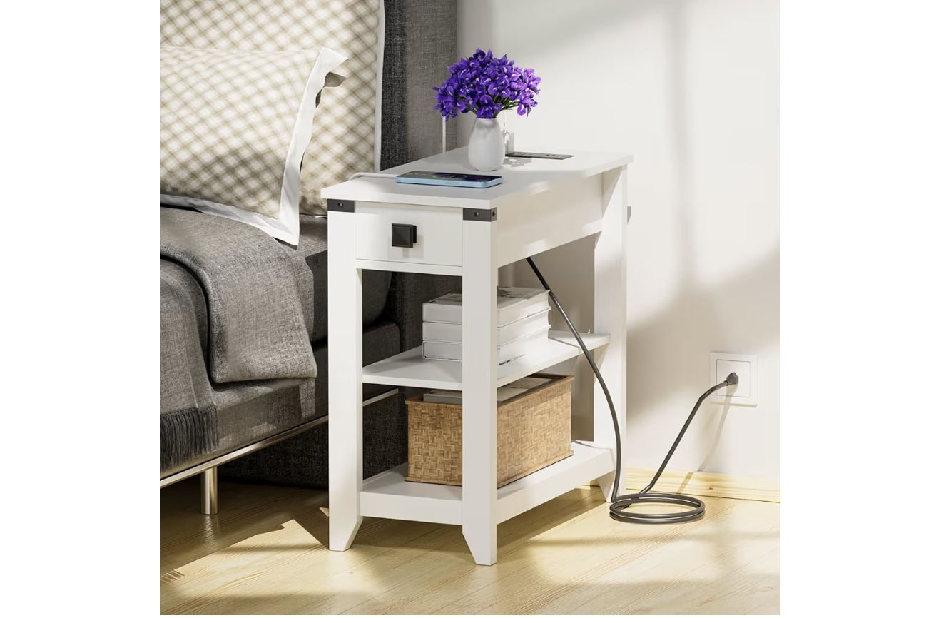 Narrow End Table with Charging Station, Side Table with USB Ports and Outlets