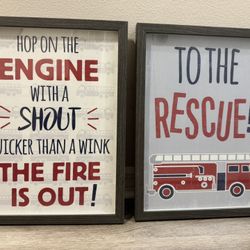 Kids Fire truck Art- Wood Frame And Glass Front