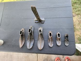 Antique Cast Iron Cobbler Shoe  Set with Stand - 7 Piece Vintage Industrial Decor Lot