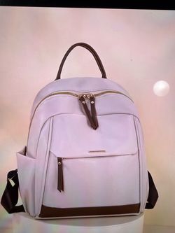 White Leather Backpack with Brown Trim