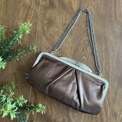 HOBO Women’s Metallic Brown Bronze Leather Silver tone Chain Kiss lock clutch
