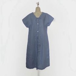 Adult L - XL Lintico Blue Linen Dress Button up Vneck Pockets