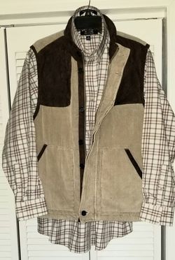 MADISON CREEK OUTFITTERS CAMEL/BROWN TRIM SUEDE LEATHER TRIM CORDUROY HUNTING / CASUAL MEN'S VEST in LARGE NWOT