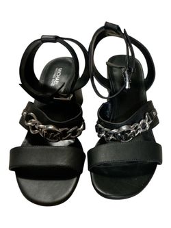 Michael Kors Black Leather Block Heel Sandals Silver Chain MK Logo NWOT