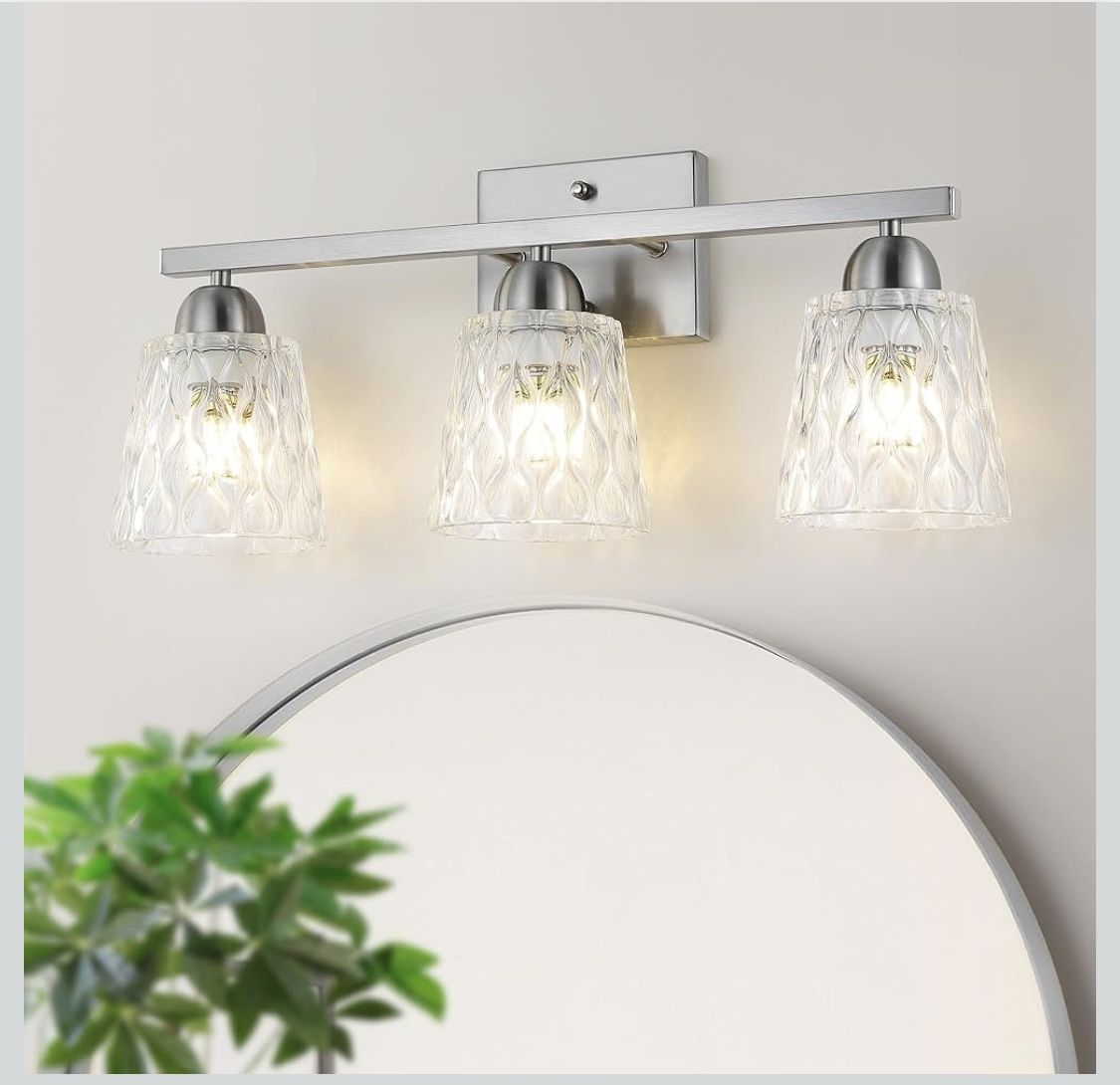 New 21” W 3 Light Brushed Nickel Bathroom Vanity Light Fixture with Textured Glass Shades,Wall Mount