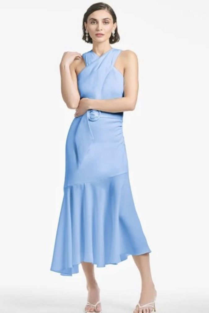 $495 SACHIN & BABI Naomi Halter Asymmetric Midi Dress | Blue | Size 10