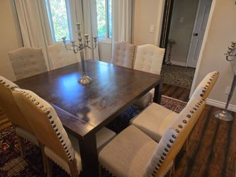 Dark Wood Square Dining Table with 6 Upholstered Chairs