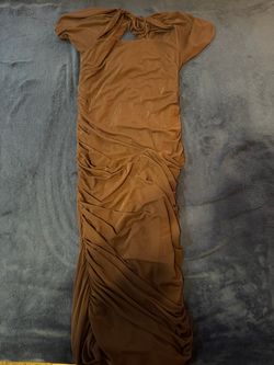 Brown Ruched Maxi Dress with Tie Back