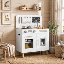 Play Kitchen for Kids, Pretend Playset with Blackboard Realistic Lights & Sounds, Ultimate Interactive Wooden Kitchen with Knob Sounds, Sink, Water Di